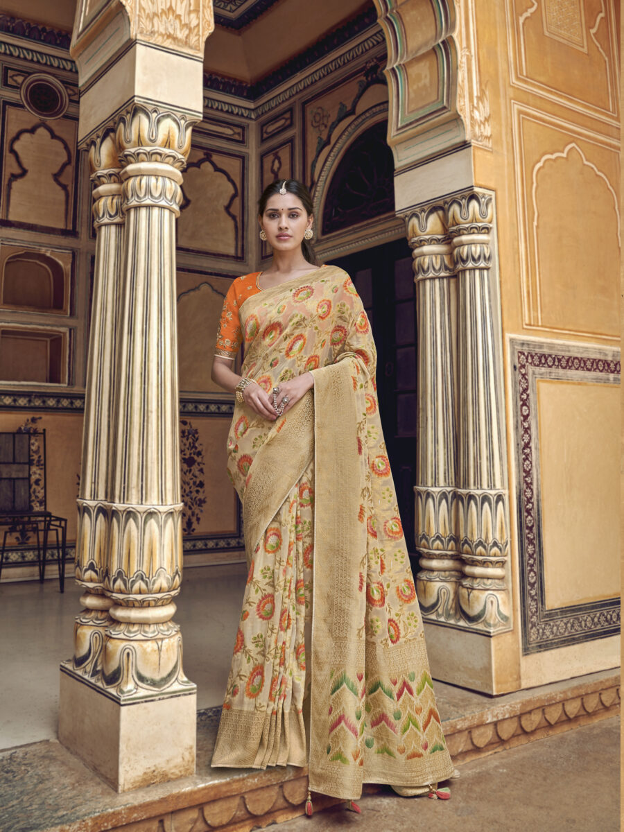 Designer Georgette Cream Saree