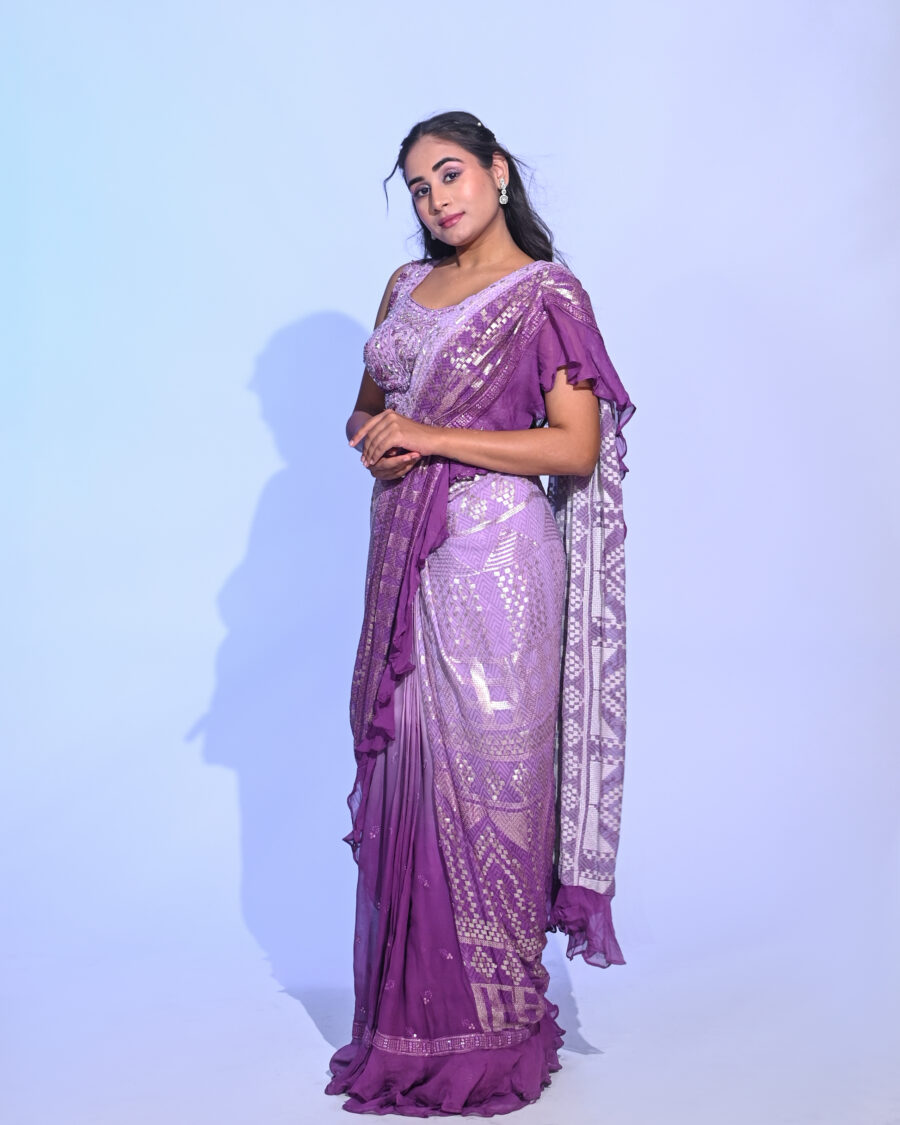 Georgette Ready Purple Saree - Image 2