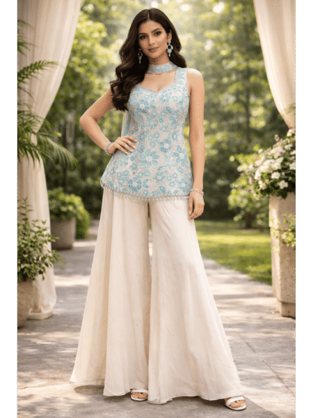 Aqua Bloom Embroidered Palazzo Set